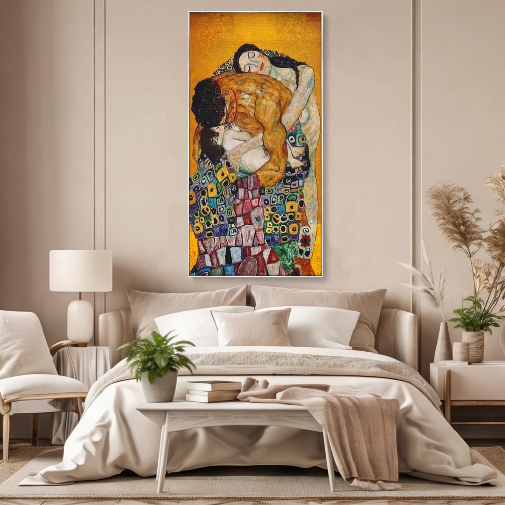 Tablou canvas cu reproducere pictura the family, in rama de aluminiu argintiu, pe perete intr-un dormitor
